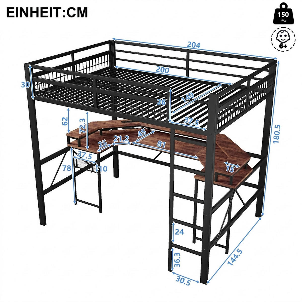 HOCHBETT 140/200 cm Schwarz mit LED-Lichtleiste, Schreibtisch, 1 USB-Anschluss + 1 Typ-C-Anschluss und 2 Steckdosen - Schwarz, Metall (140/200cm) - Oxeza