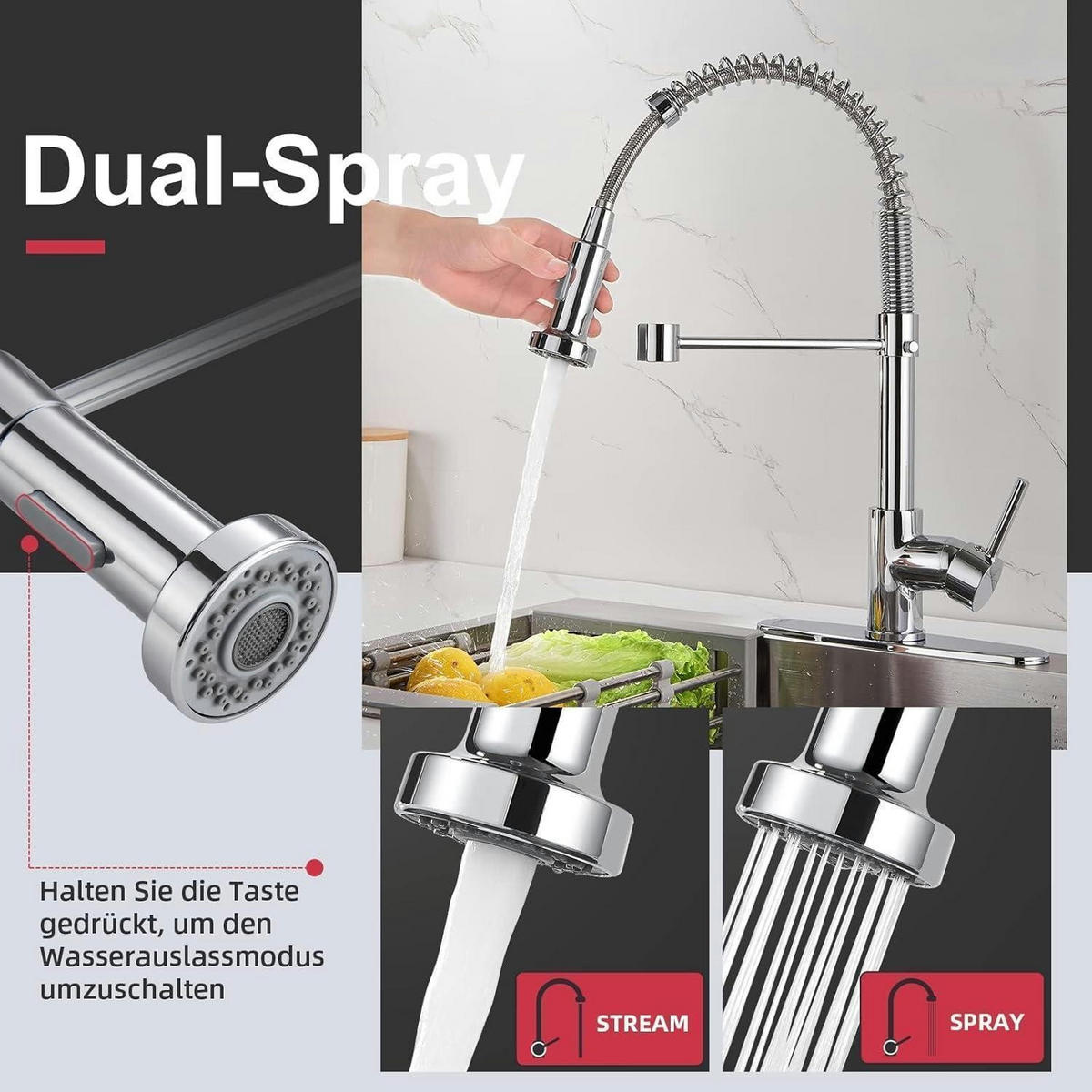 KÜCHENARMATUR Edelstahl Chrom 360° drehbar mit Brause - Silberfarben, Metall (20/5/25cm)