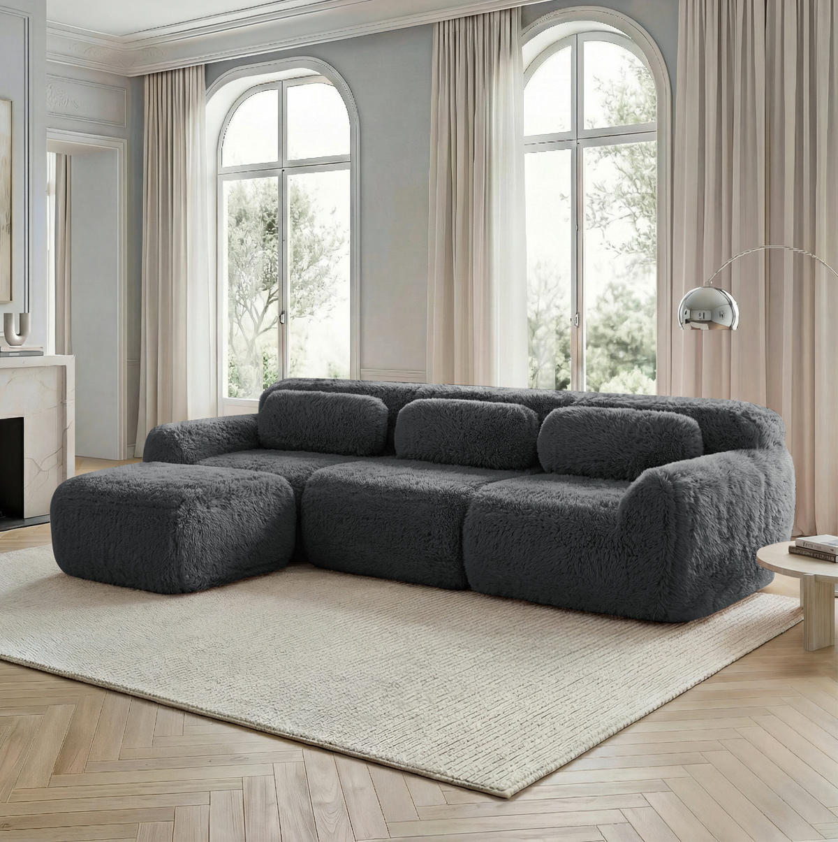 ECKSOFA 291/179/73 cm grau aus Plüsch modular rahmenlos mit Kissen - Grau, Textil (179/291cm) - OKWISH