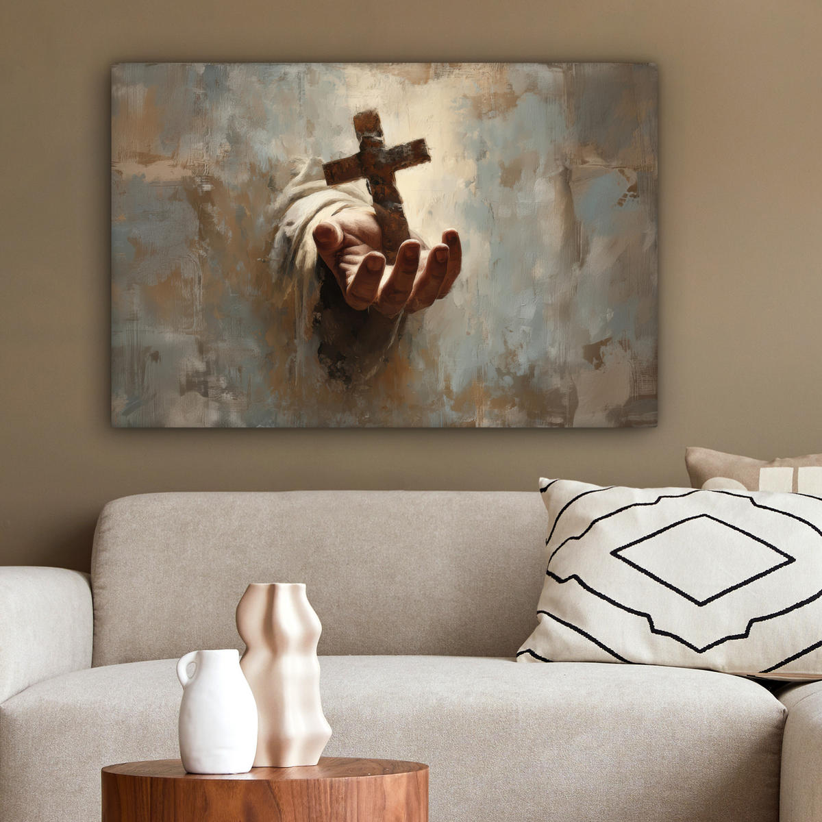LEINWANDBILD Abstrakt - Kreuz - Hand - Christentum Wanddeko 90x60 cm - Hellbraun, Textil (90/60cm) - MuchoWow