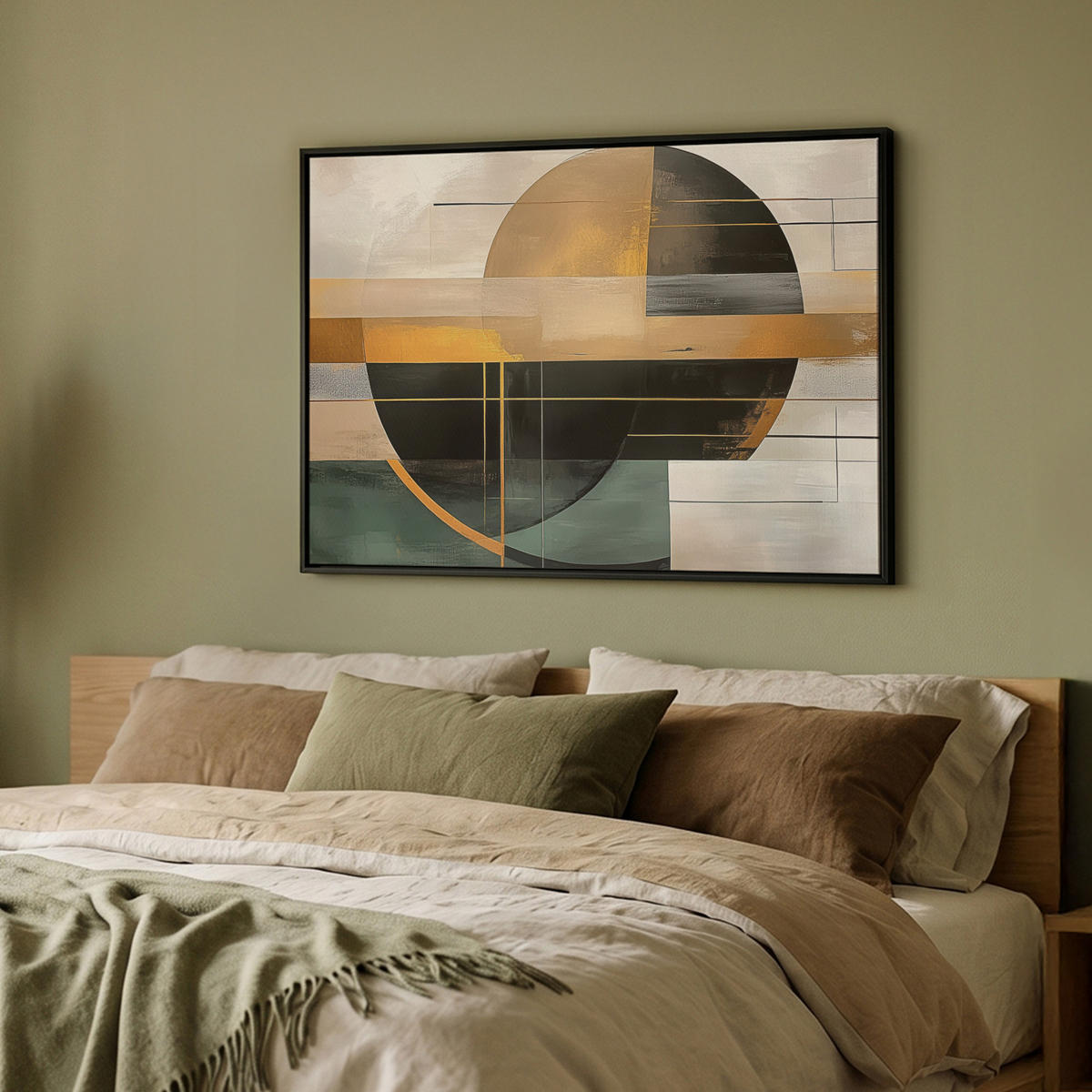 LEINWAND Bilder mit Rahmen - Abstrakt - Gold - Bronze - Grün - Formen - Modern - 100x70 - Multicolor, Textil (100/70cm) - MuchoWow