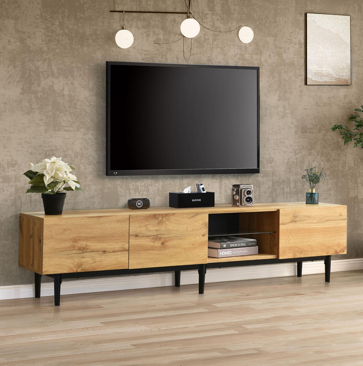 TV-SCHRANK in Light Oak und Schwarz mit LED Beleuchtung 175/31/41 cm - Eichefarben, Holzwerkstoff (175/41/31cm) - Redom
