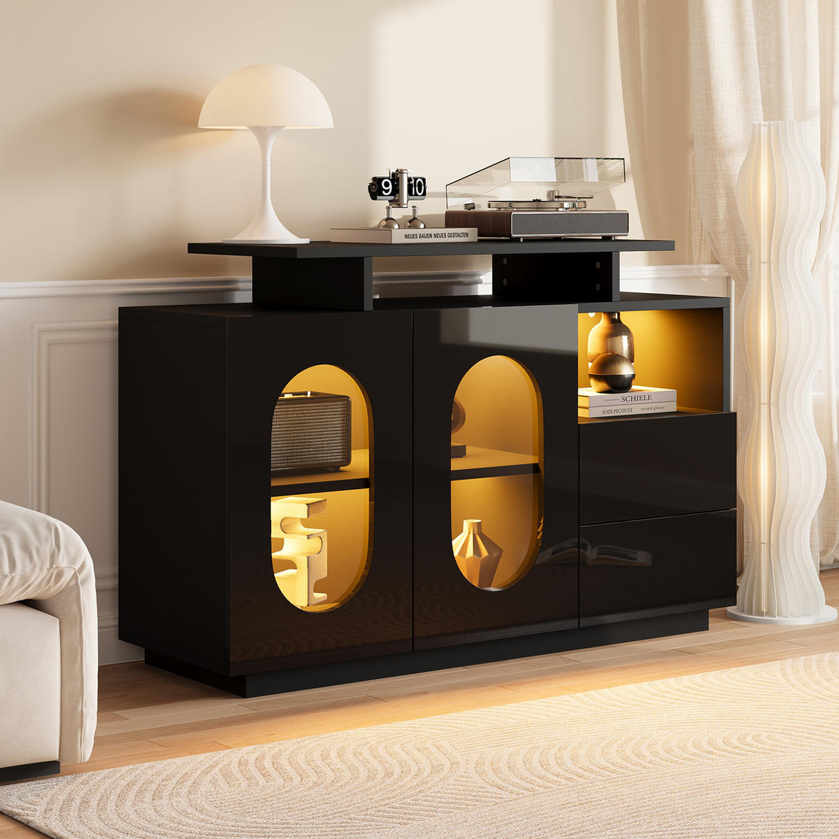 SIDEBOARD aus Holzwerkstoff 120x40x80 cm Schwarz mit LED-Beleuchtung, Glasvitrine und verstellbaren Einlegeböden - Schwarz, Holzwerkstoff (120/80/40cm) - Modfu