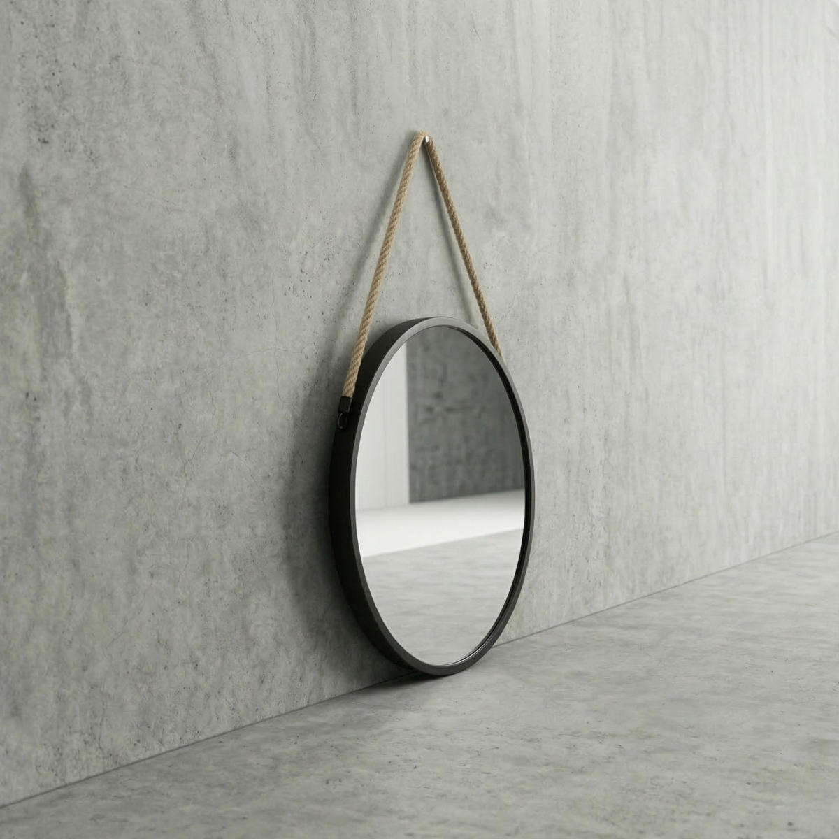 RUNDSPIEGEL mit Juteseil Gema - Schwarz, Glas (37/3/70cm) - SCENA LIVING