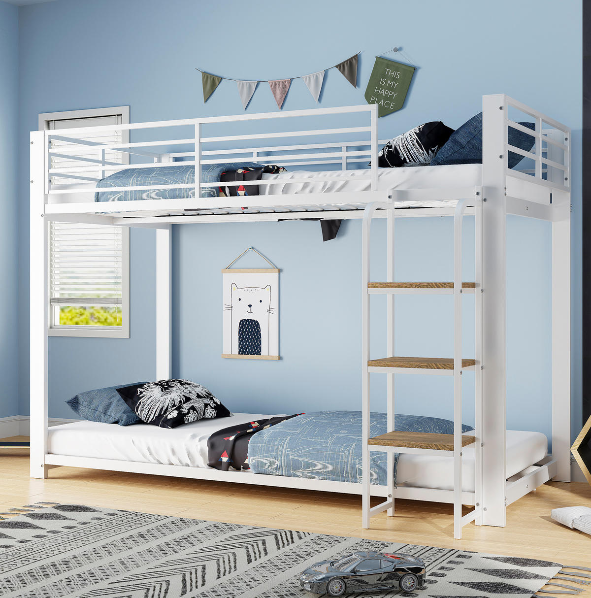 ETAGENBETT 90/200 cm in Weiß/Walnuss mit Leiter und Rausfallschutz - Weiß, Metall (90/200cm) - Modenvie
