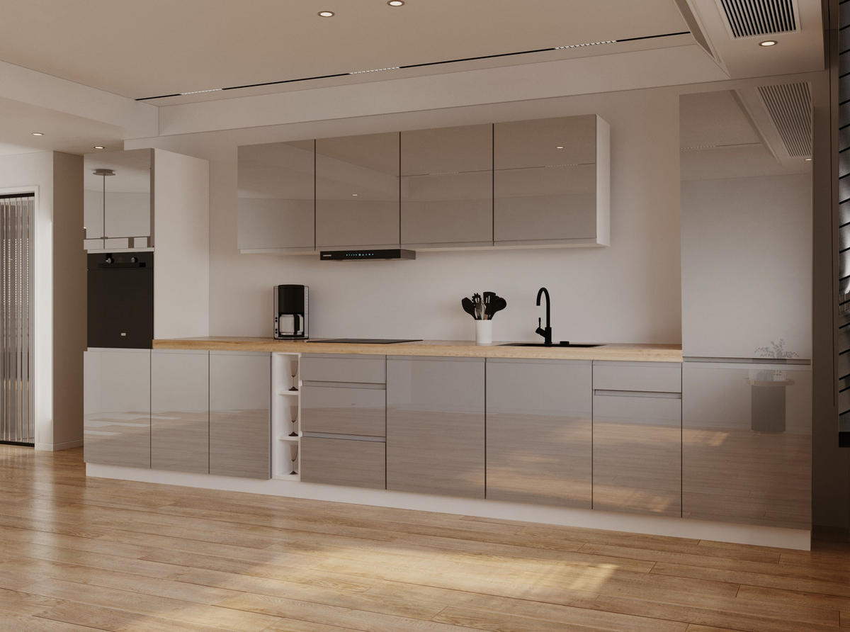 KÜCHENZEILE 440 cm - KA23-M440- in Grau/Hochglanz - Grau, Holz (440/212/58cm)