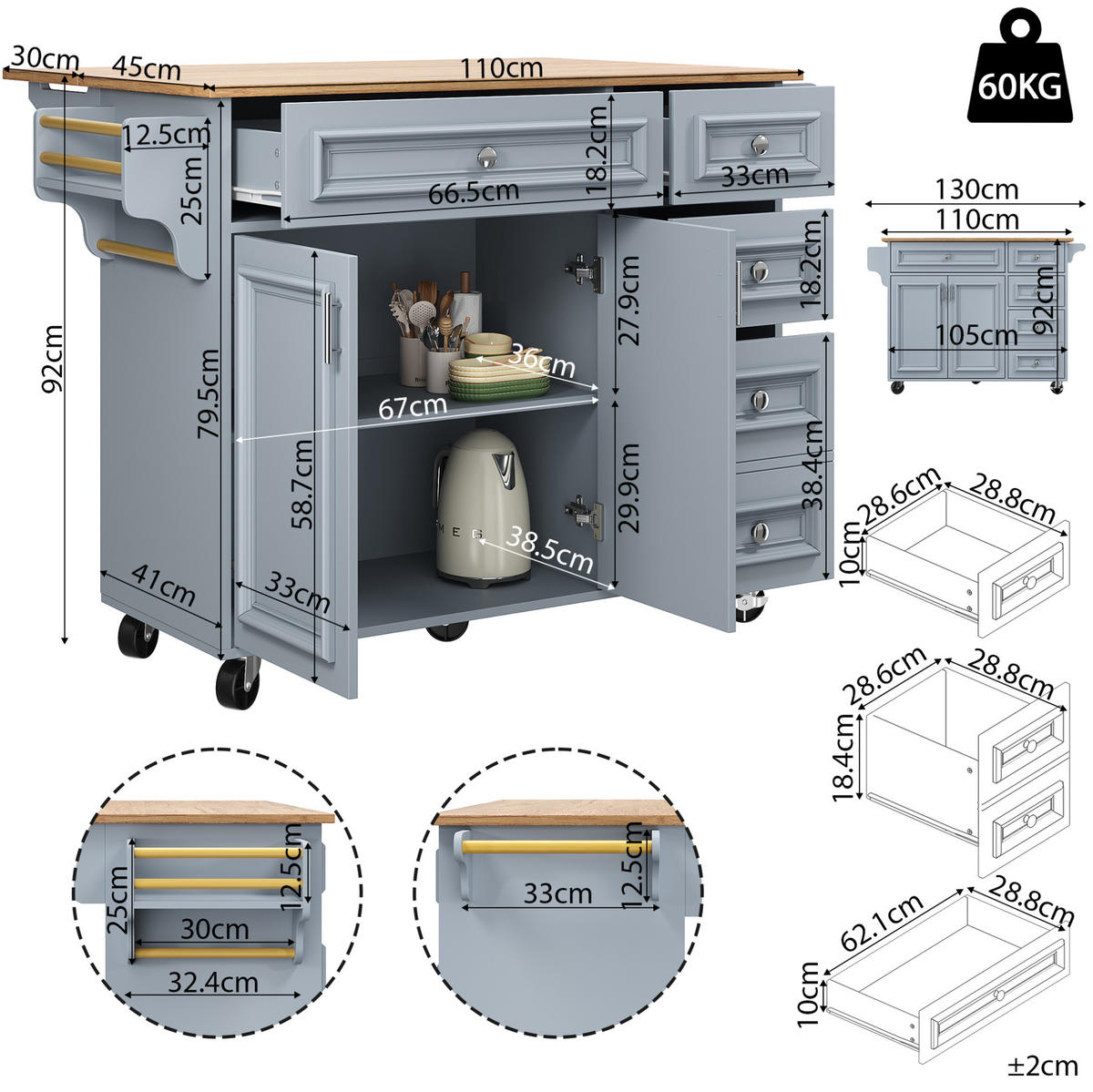 KÜCHENINSEL klappbar 110 cm Baby Blue - Blau, Holz (75/92/130cm) - Beauniv