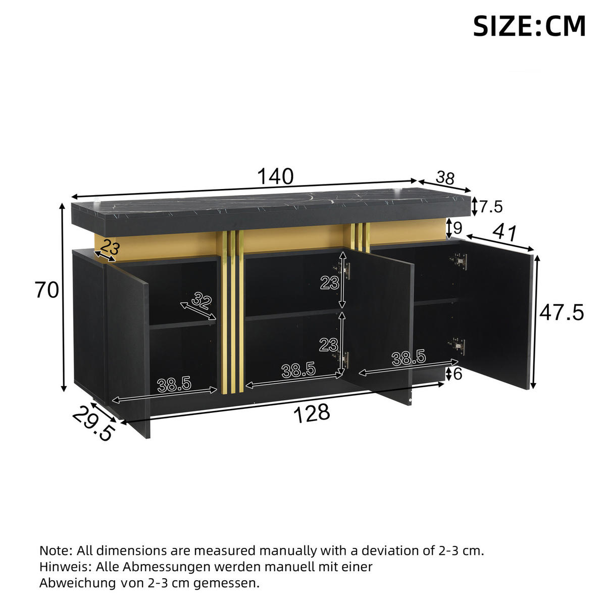 SIDEBOARD 140/38/70 cm aus Spanplatte mit 3 Türen und verstellbaren Einlegeböden Schwarz - Schwarz, Holzwerkstoff (140/70/38cm) - Modenvie