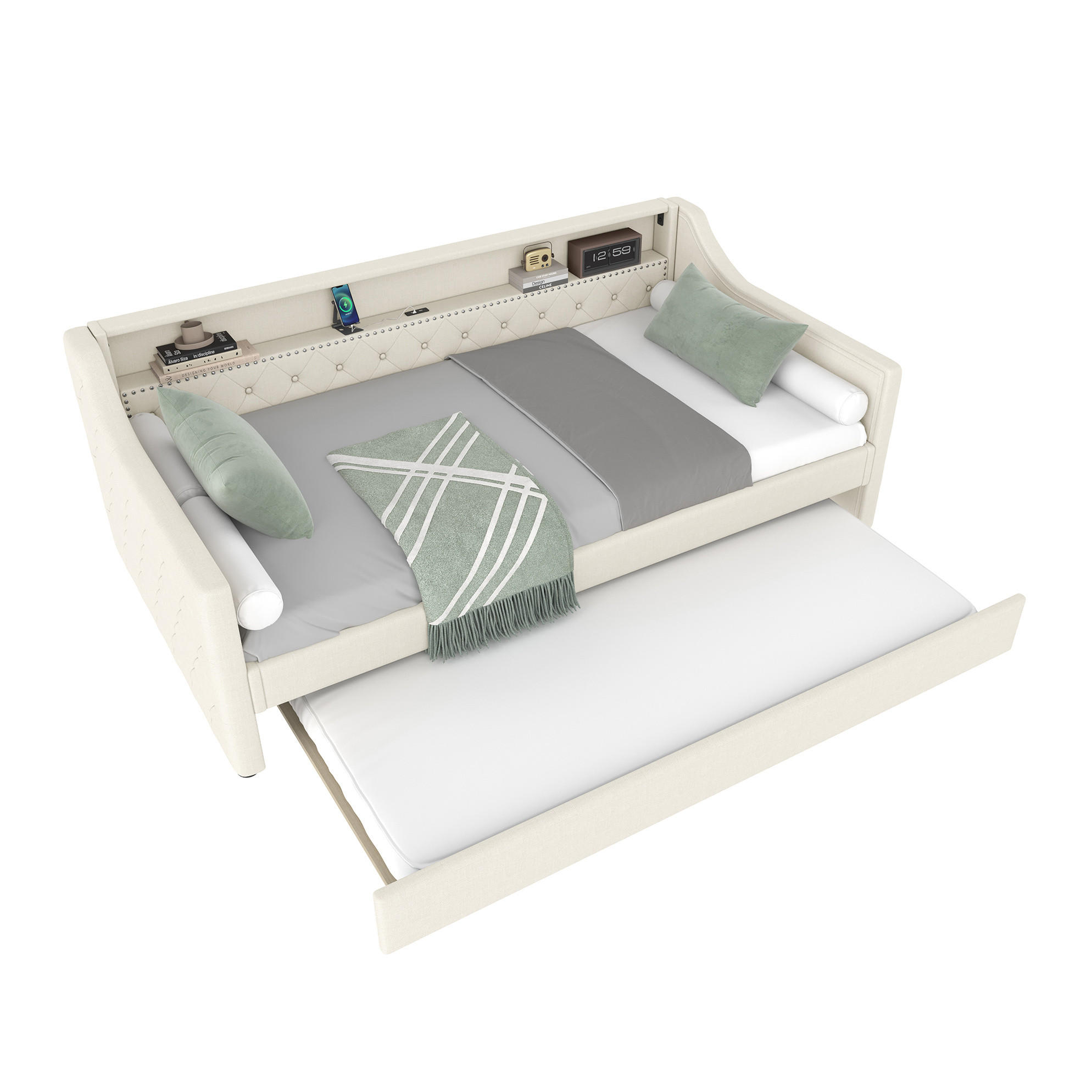 TAGESBETT 90/200 cm Beige mit LED-Beleuchtung und USB-Anschluss aus Leinen - Beige, Textil (90/200cm) - OKWISH