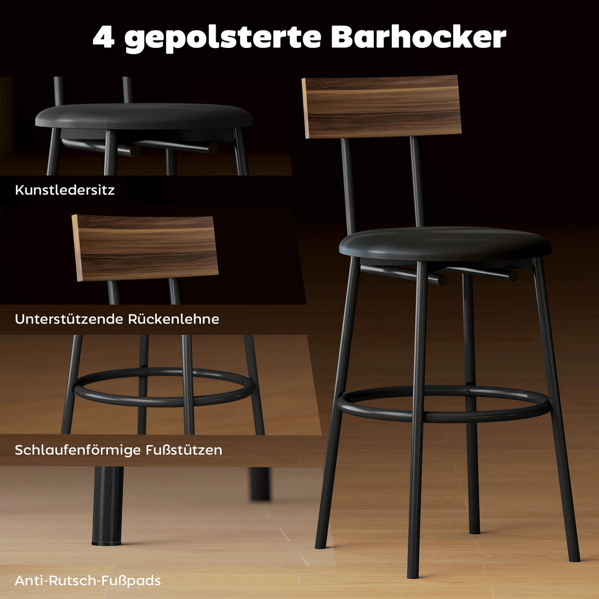 BARTISCH mit Barhocker-Set Esstisch mit 4 Stühlen mit Fußstütze Rückenlehne - Braun, Metall (55/90/110cm) - HOMCOM