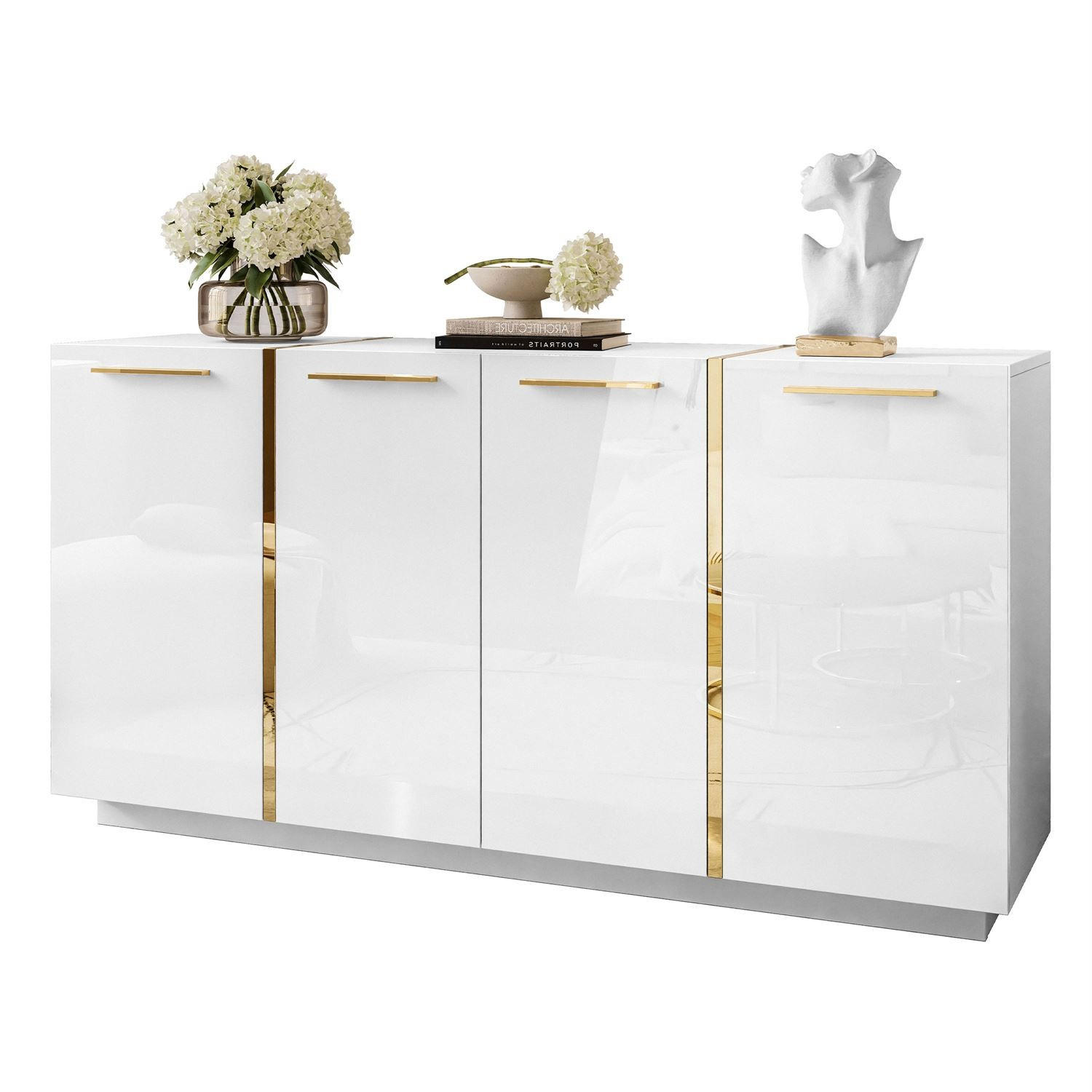 KOMMODE ONYX 4T 158 CM LUXURIÖSE KOMMODE MIT HOCHGLANZ FÜR DAS WOHNZIMMER - Goldfarben/Weiß, Holzwerkstoff (158/81/41cm) - Lookway