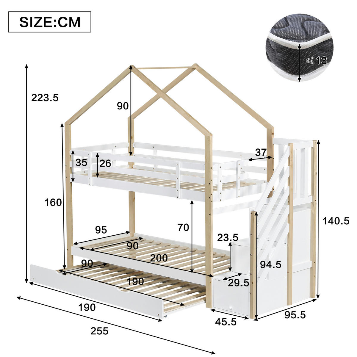 HAUSBETT 90/200 cm ausziehbar mit Treppe und Schubladen in Natur/Weiß - Weiß, Holz (90/200cm) - BEAOK