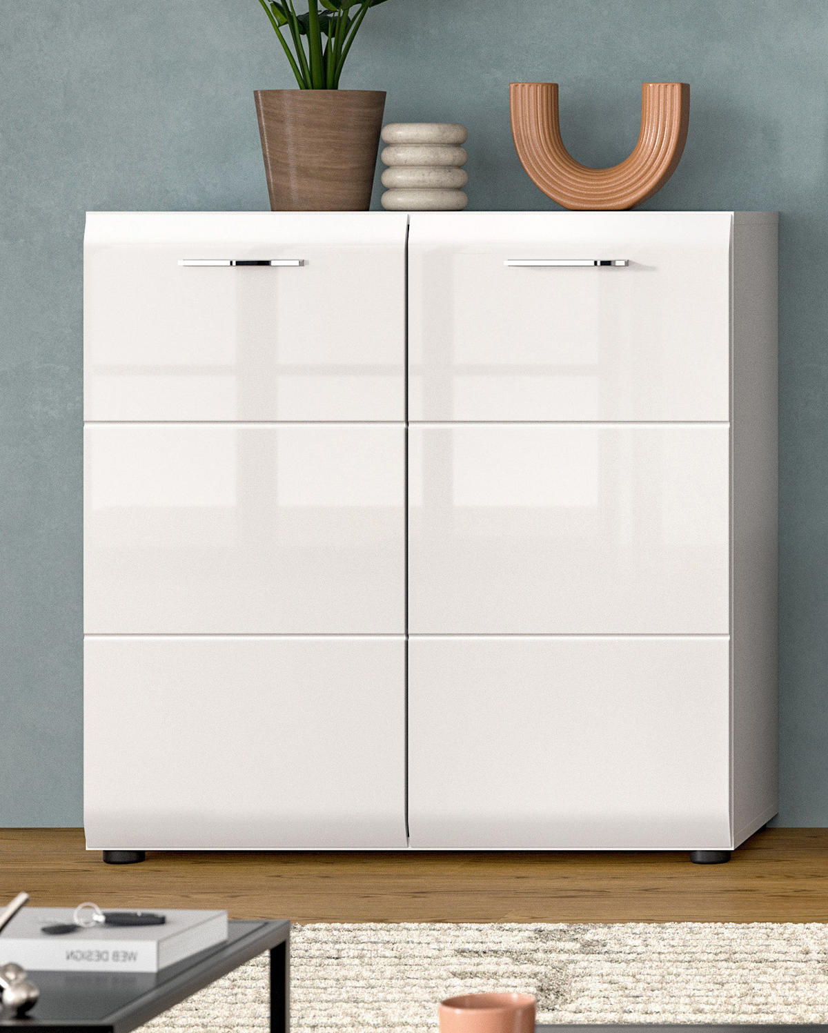 KOMMODE weiß Hochglanz 80 x 81 cm, Sideboard 2-türig - Weiß Hochglanz/Silberfarben, Holzwerkstoff/Kunststoff (80/81/34cm) - Inn.Furn