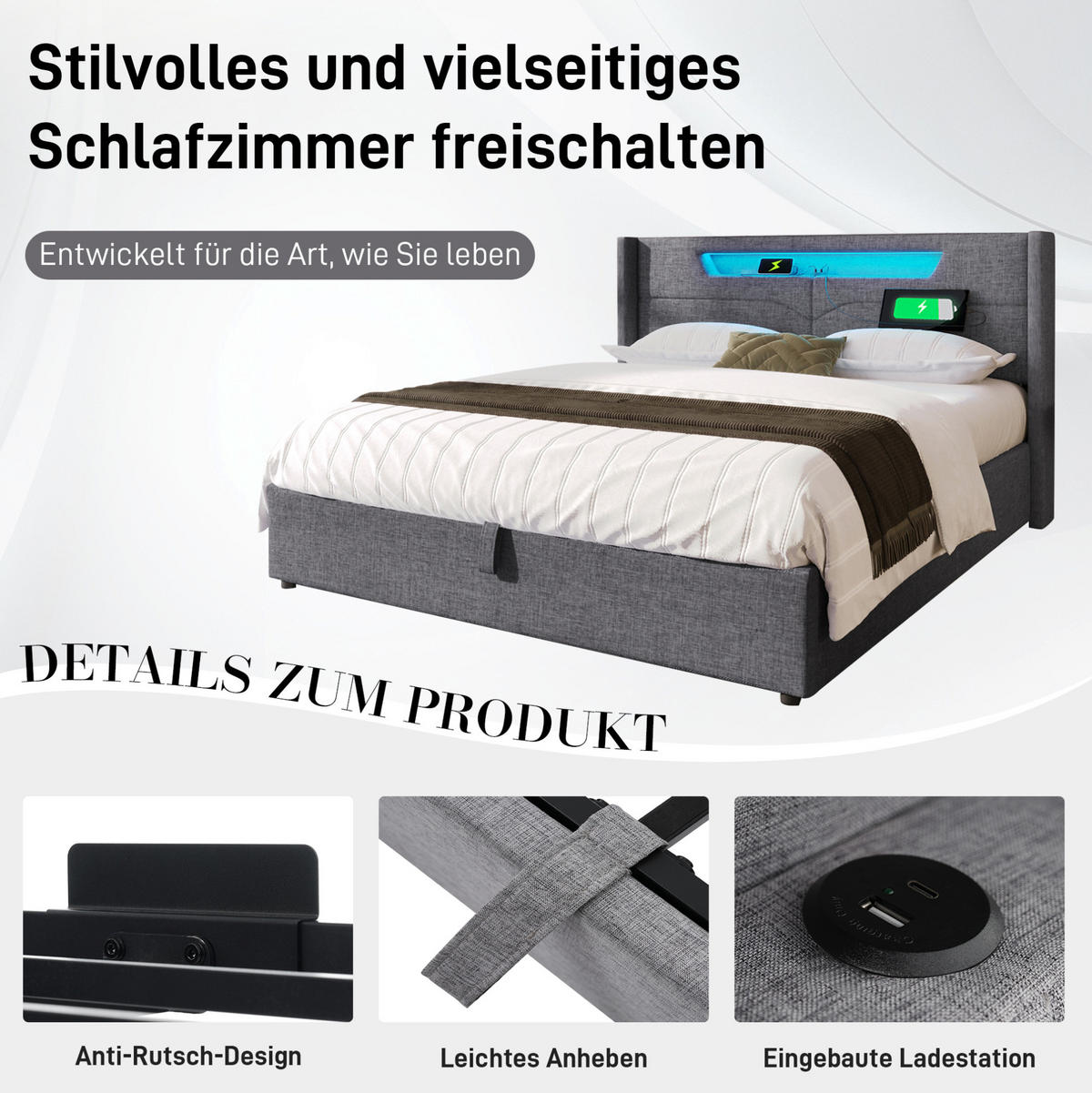 POLSTERBETT 140/200 cm Grau mit Stauraum, LED-Beleuchtung und USB- und Type-C-Anschlüssen - Grau, Textil (140/200cm) - Flora Grace