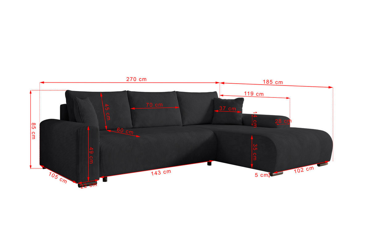 ECKSOFA Nelly mit Bettkasten und Schlaffunktion, Cordstoff in L-Form - Schwarz, Textil (270/185cm)