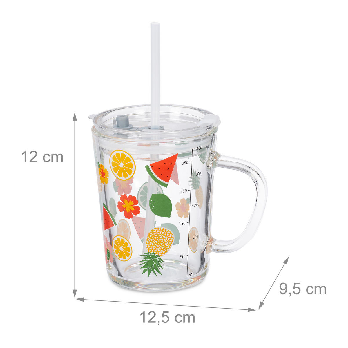 GLAS Transparent 2-pack med lock och sugrör 400 ml - Transparent, Glas/Plast (0.4L) - Relaxdays