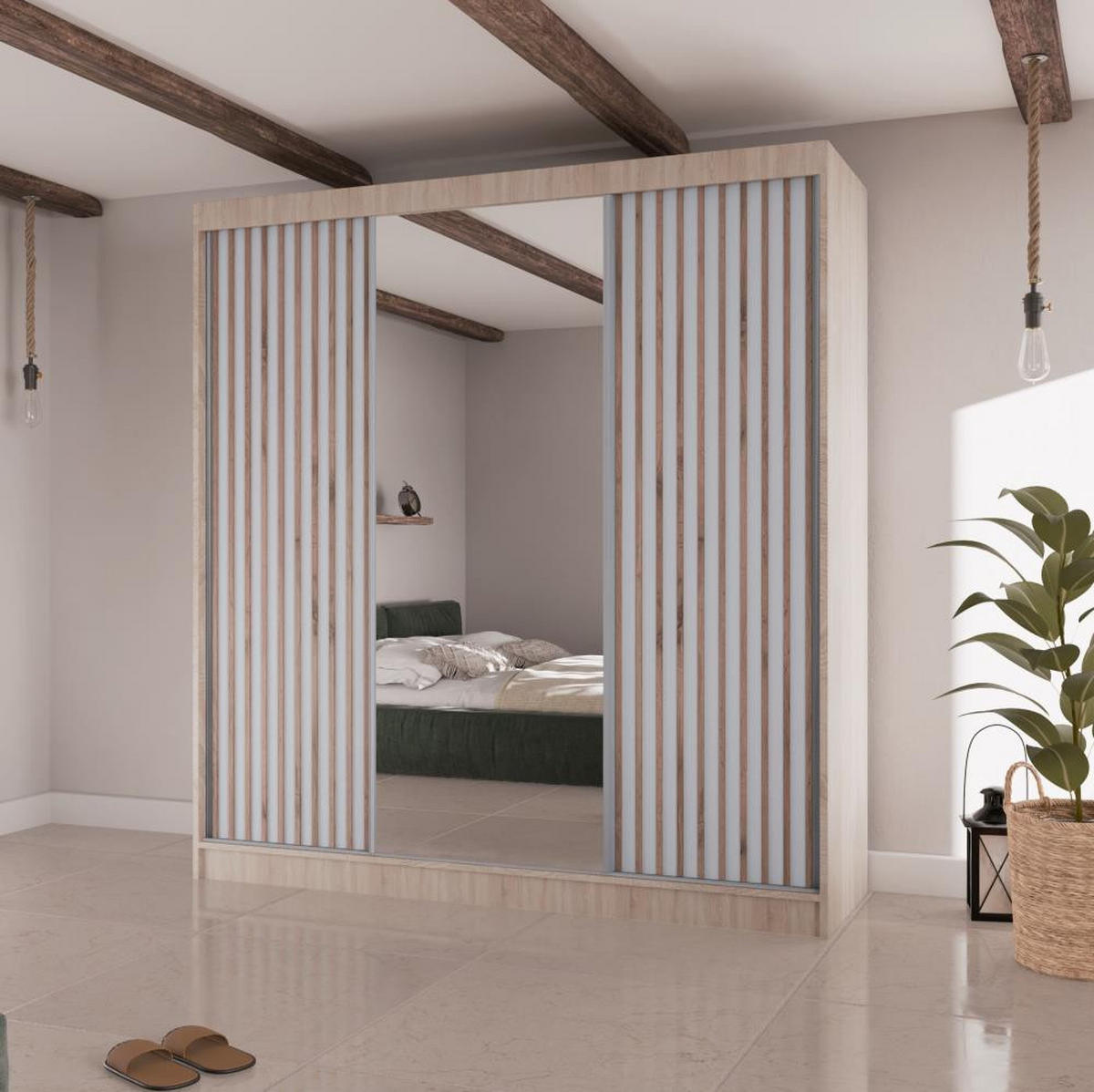 SCHWEBETÜRENSCHRANK Lico II 200/61/215 eiche sonoma+weiß - Weiß/Sonoma Eiche, Holzwerkstoff (200/215/61cm) - Beautysofa