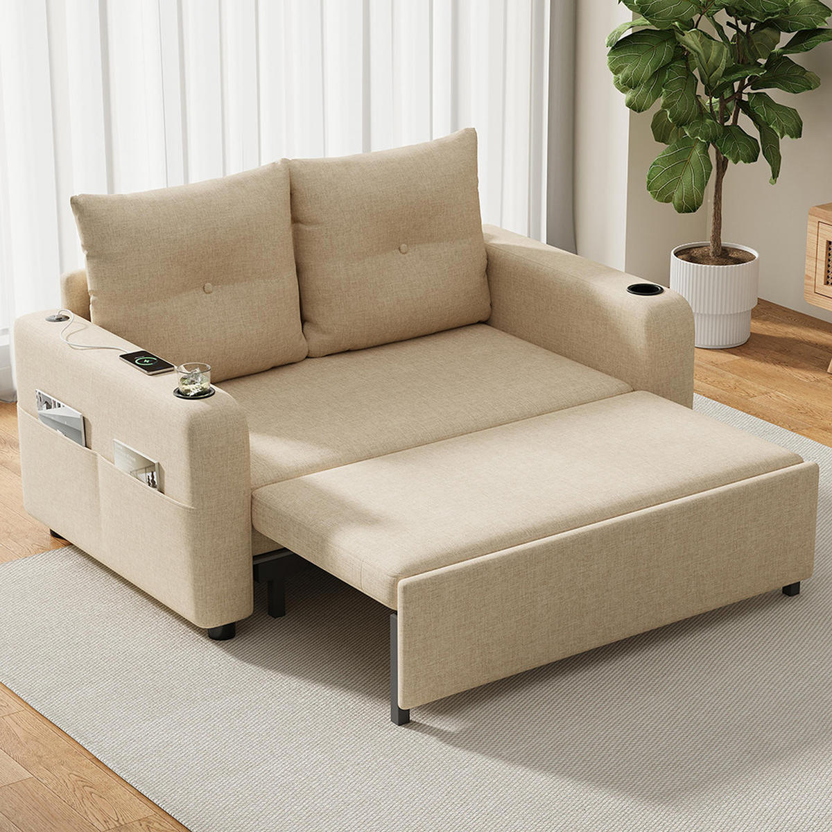 KLAPP-DOPPELSOFA mit Schlaf-Funktion in Beige - Beige, Textil (81/94/131cm) - KOMHTOM