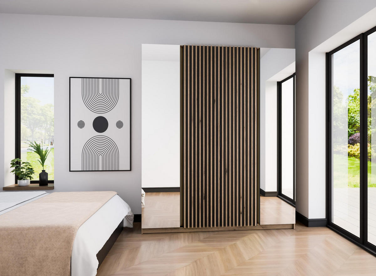 KLEIDERSCHRANK Nehir Korpus Eiche Evoke, Front Schwarz/Eiche Evoke 200 cm - 4T Modern mit Spiegeln außen und Lamellentüren mittig - Eichefarben/Schwarz, Holzwerkstoff/Kunststoff (200/239/61.9cm) - AX Living