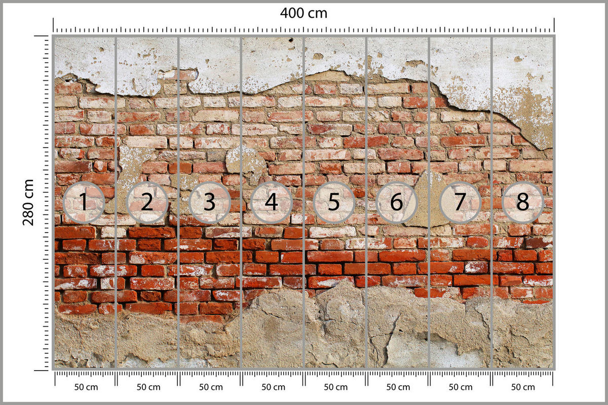 FOTOTAPETE für Wohnzimmer Alte Rissige Rote Ziegelwand Rustikal 400x280 - Beige/Rot, Papier (400/280cm) - Muralo