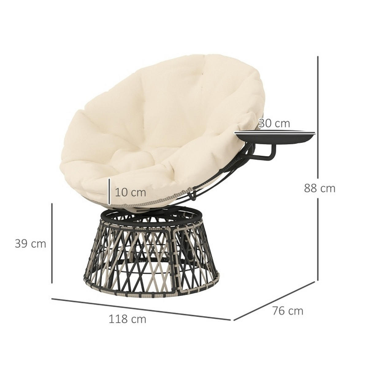 RATTANSESSEL 118/76/88 cm mit 360°-Drehfunktion und Seitentablett, Beige - Beige, Metall (118/88/76cm) - Redom