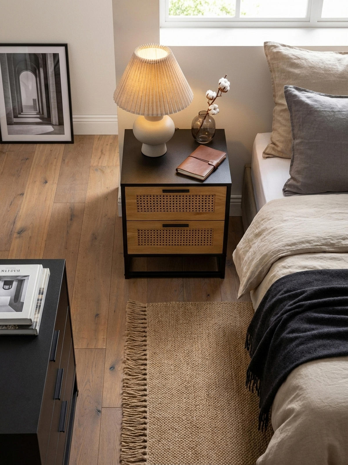 NACHTTISCH – Schwarz/Wiener Geflecht, 45x45x56 cm, Schubladen, zeitlos - Schwarz, Holzwerkstoff/Metall (45/55/45cm) - KADIMA DESIGN