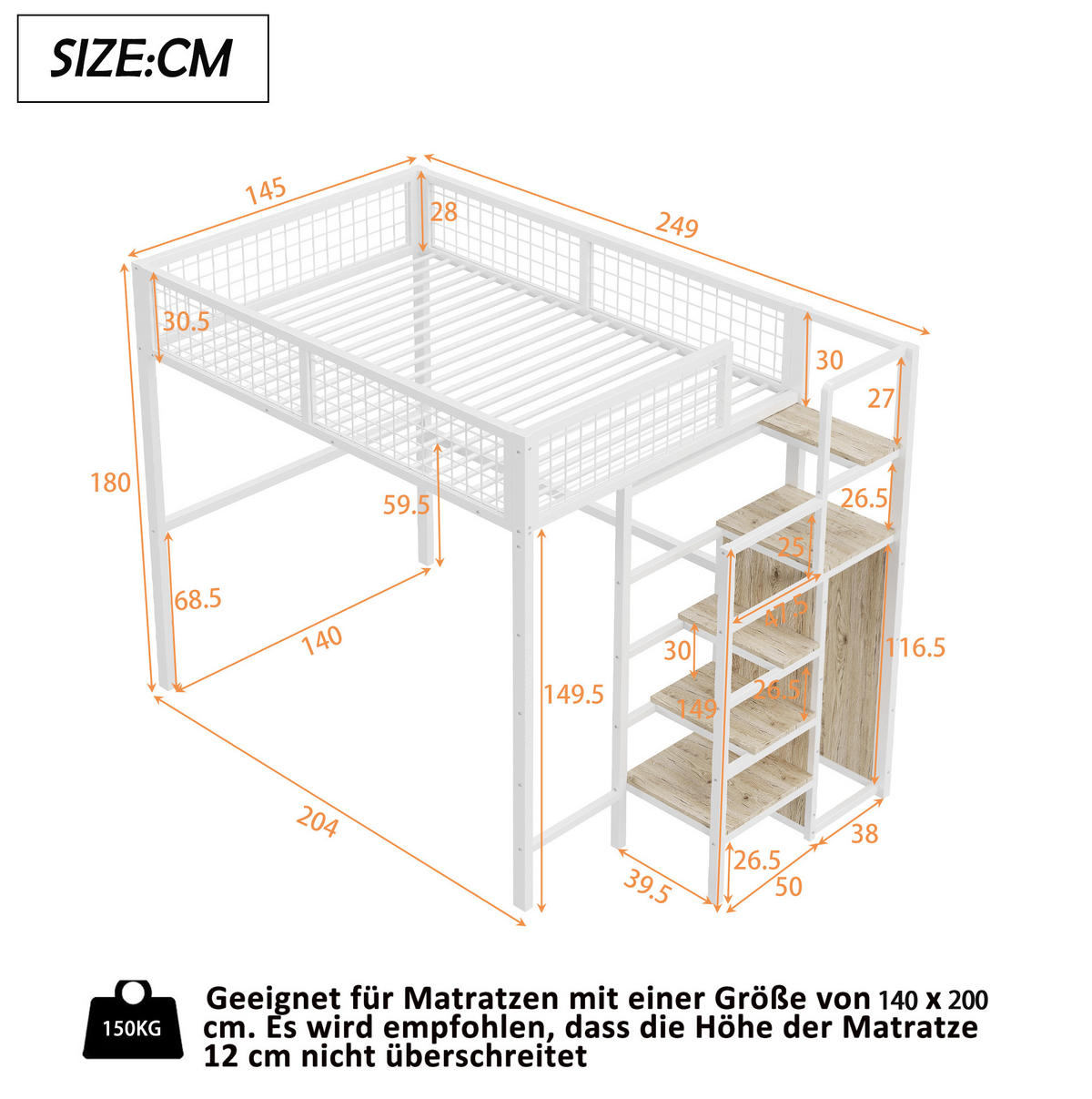 HOCHBETT 140/200 cm Weiß mit Leiter, Kleiderschrank und Regal - Weiß, Metall (140/200cm) - Flora Grace