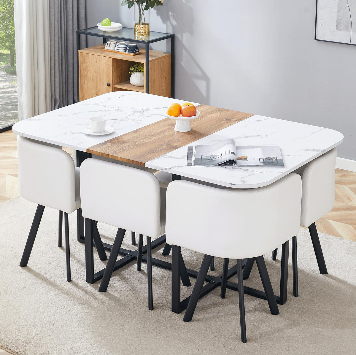 ESSTISCH-SET ausziehbar für 4-6 Personen Naturholz Weiß Schwarz - Multicolor, Metall (100/79/150cm) - Meubliv