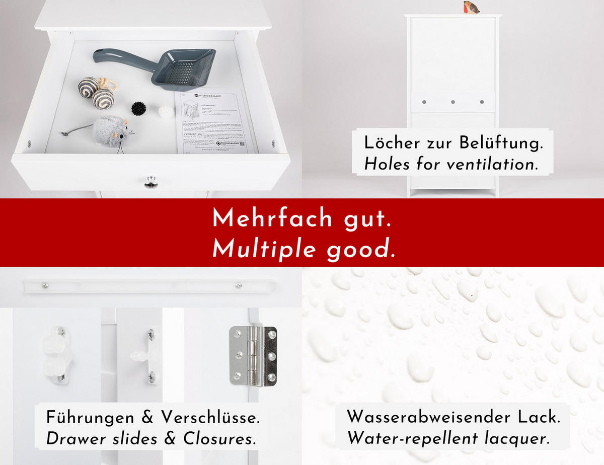 KATZENSCHRANK für Katzentoilette groß aus Holz, mit Schublade - Weiß, Holz (51/96/46cm) - WONDERMAKE