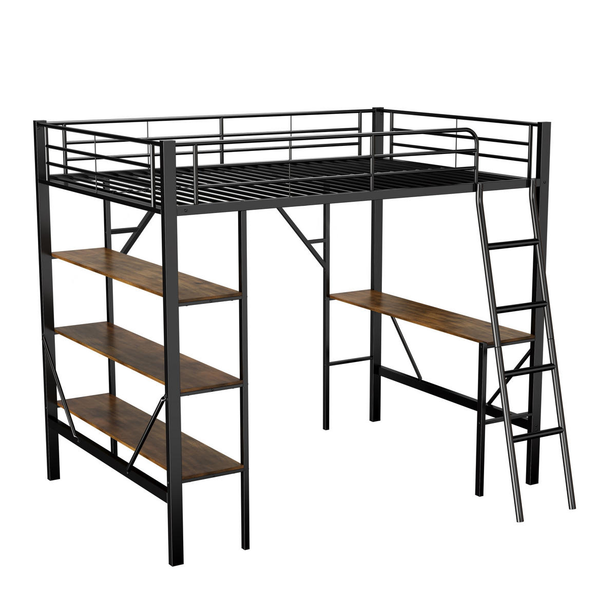 POSCHODOVÁ posteľ 90/200 cm čierna z kovu a MDF s písacím stolom a tromi policami - čierna, kov (90/200cm) - OKWISH