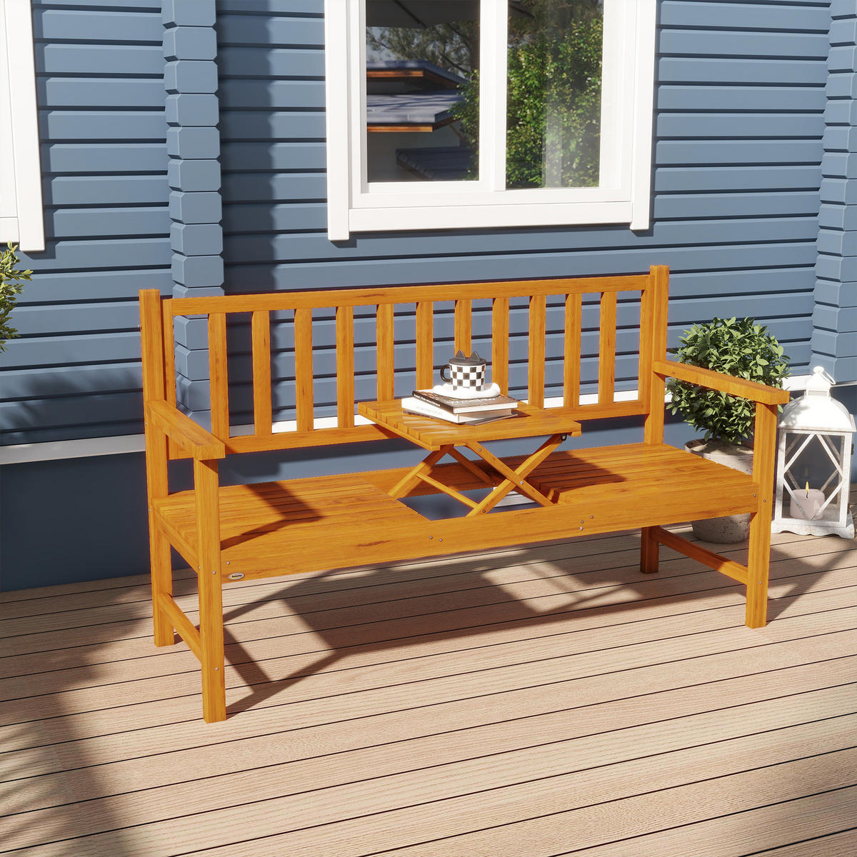 GARTENBANK DE-08282 mit ausklappbarem Tisch, für 2-3 Personen Hellbraun - Braun, Holz (153/91/56cm) - ComfortXL