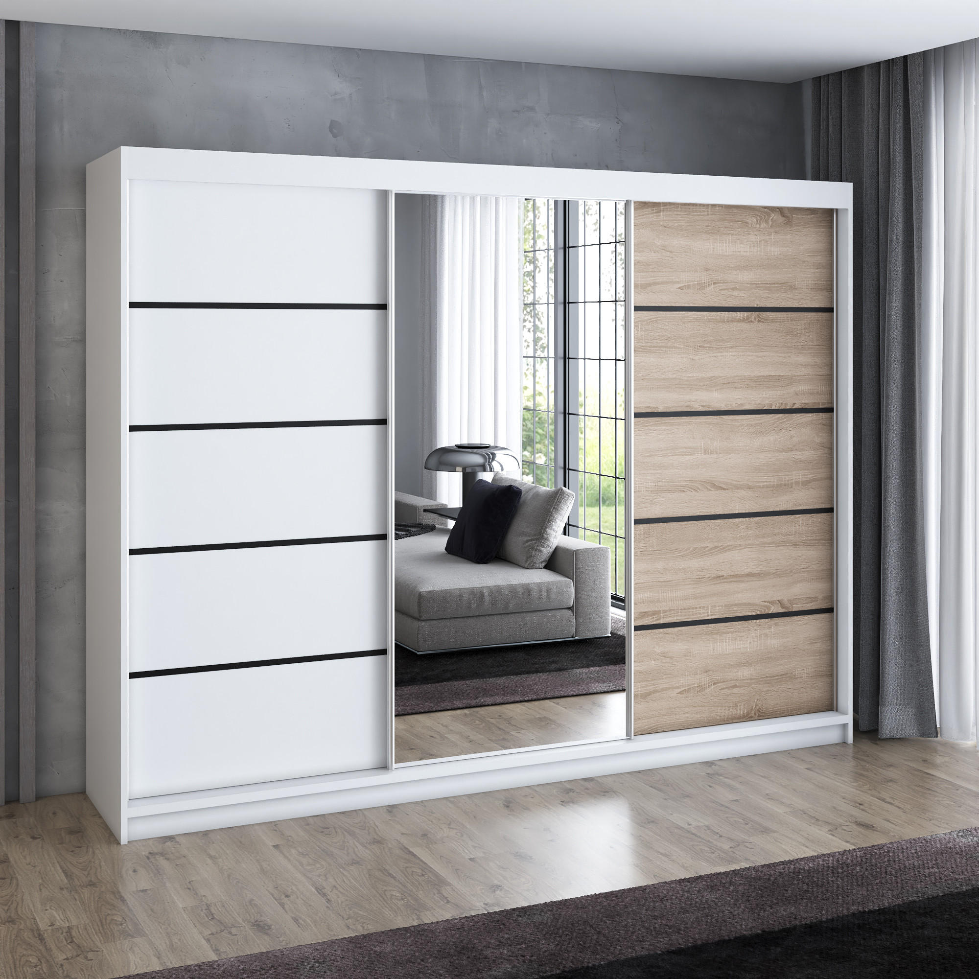 SCHWEBETÜRENSCHRANK 200 cm VILANO 2 Farbe: Weiß, Weiß, Sonoma - Weiß/Braun, Holzwerkstoff (200/215/59.5cm) - A&J MöbelLand