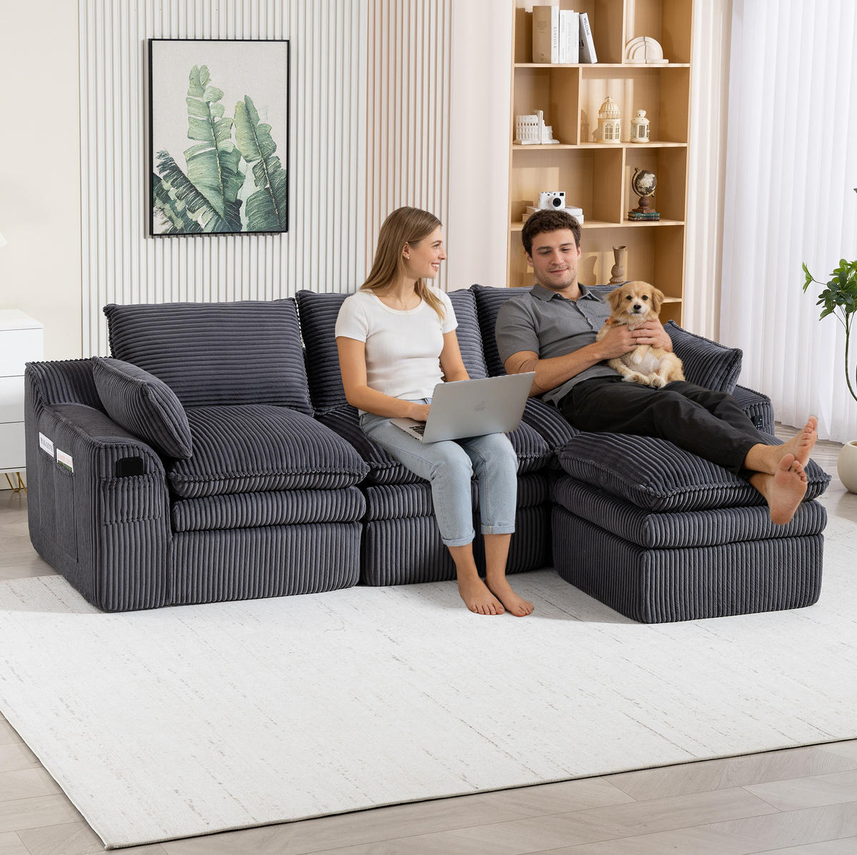 3-STIZER Sofa 263/167/85 cm frei kombinierbar mit Hocker, Seitentaschen und Federkern, Cord Dunkelgrau - Dunkelgrau, Textil (263/85/167cm) - Redom