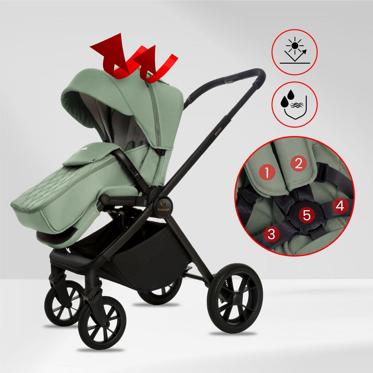 KINDERWAGEN Boldo 4in1 Grau Babywanne, Reisebuggy, Autositz, Isofix Basis - Schwarz/Grün, Textil/Metall (58/98cm) - BabyLux
