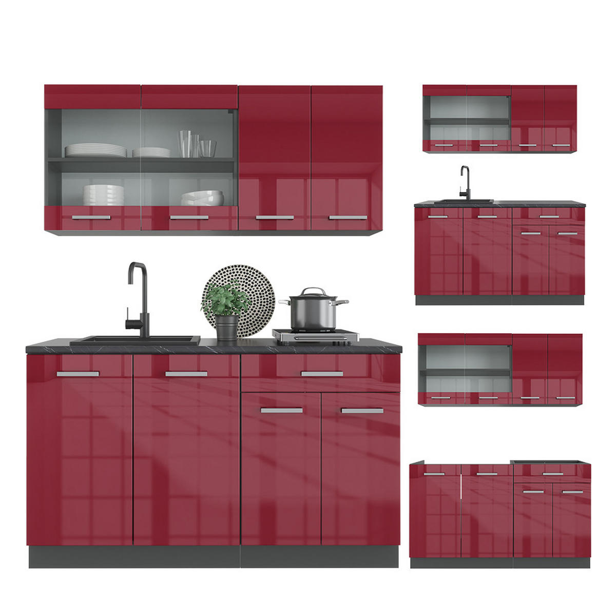 KÜCHENZEILE R-Line Rot Hochglanz/Anthrazit 140 cm , AP Eiche - Anthrazit/Rot, Holzwerkstoff (140/81.6/60cm) - Vicco