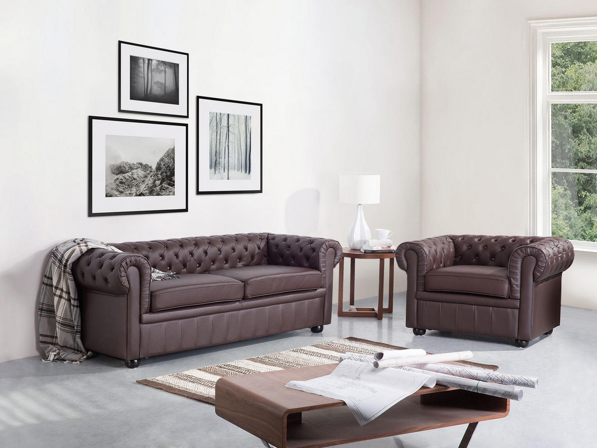 SEDEŽNA GARNITURA 4-sedežna usnje rjava Chesterfield - rjava, usnje (195/70/90cm) - Beliani