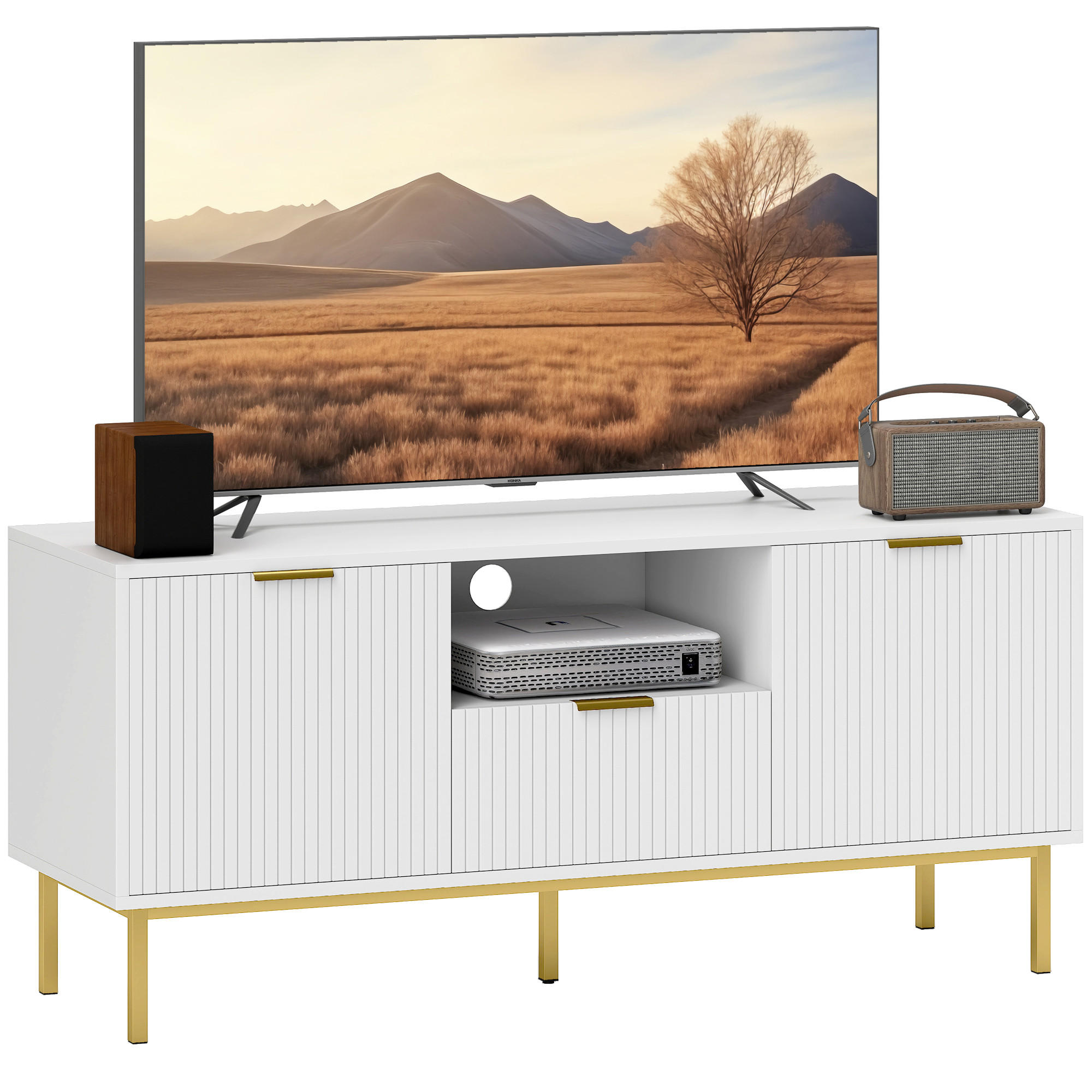 TV-LOWBOARD Weiß 120/39/54 cm, Soft-Close, Metallfüße, geriffelte Türen - Weiß, Holzwerkstoff (120/54/39cm) - PANGIVO