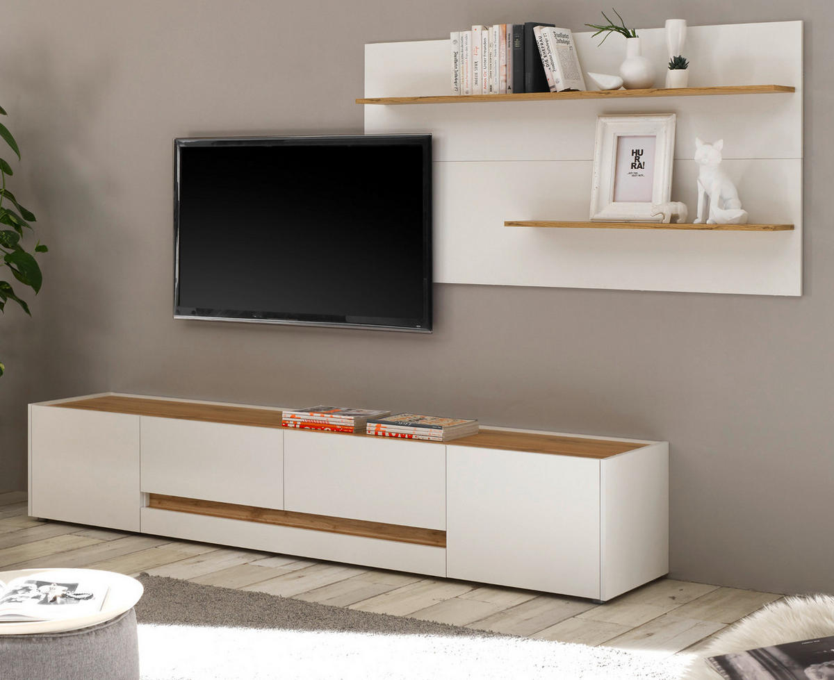 WOHNWAND 2-teilig weiß, Eiche Wotan 300 cm, Schrankwand mit XL-Lowboard - Eiche Wotan/Schwarz, Glas/Holz (300/180/45cm) - Furn.Design