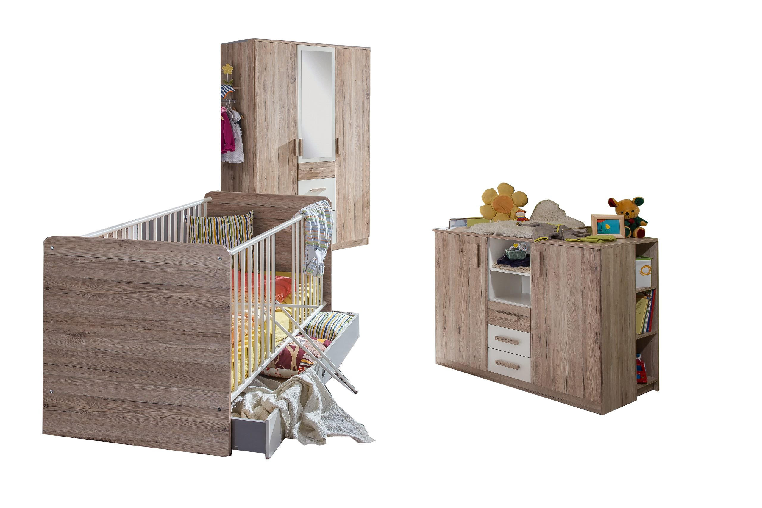 BABYZIMMER Cariba in Eiche San Remo und Weiß 7 teilig - Braun, Holzwerkstoff (120/200/80cm)