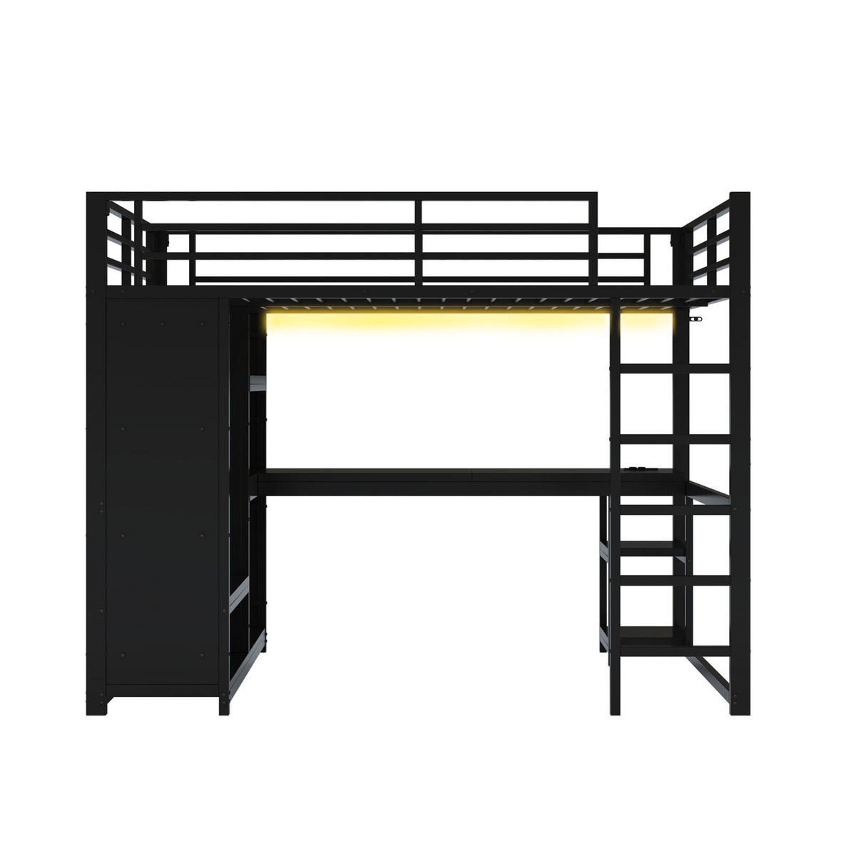 HOCHBETT 140/200 cm aus Metall mit Schreibtisch, LED-Beleuchtung und offenem Kleiderschrank Schwarz - Schwarz, Metall (140/200cm) - Modenvie