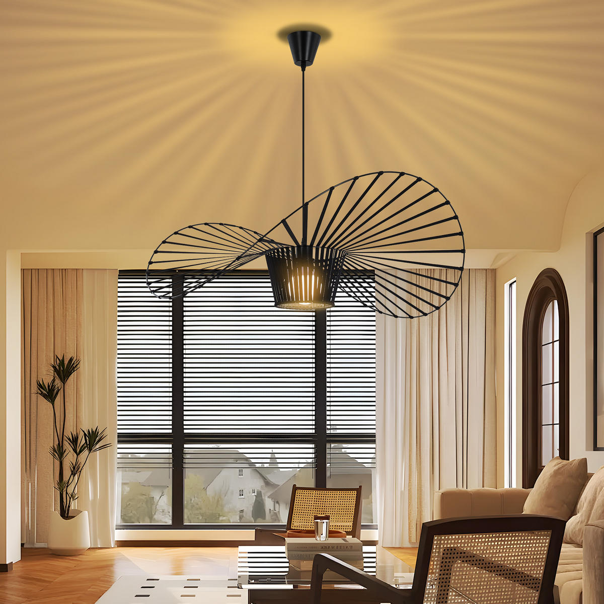 HÄNGELEUCHTE Strohhut 60/60/150 cm - Schwarz, Metall (60/60/150cm) - Nettlife