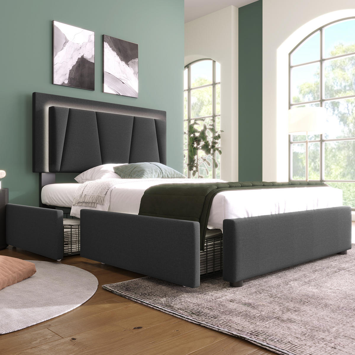 POLSTERBETT 90/200 cm Grau aus Holz mit LED-Beleuchtung - Grau, Holz (90/200cm) - OKMYHOME