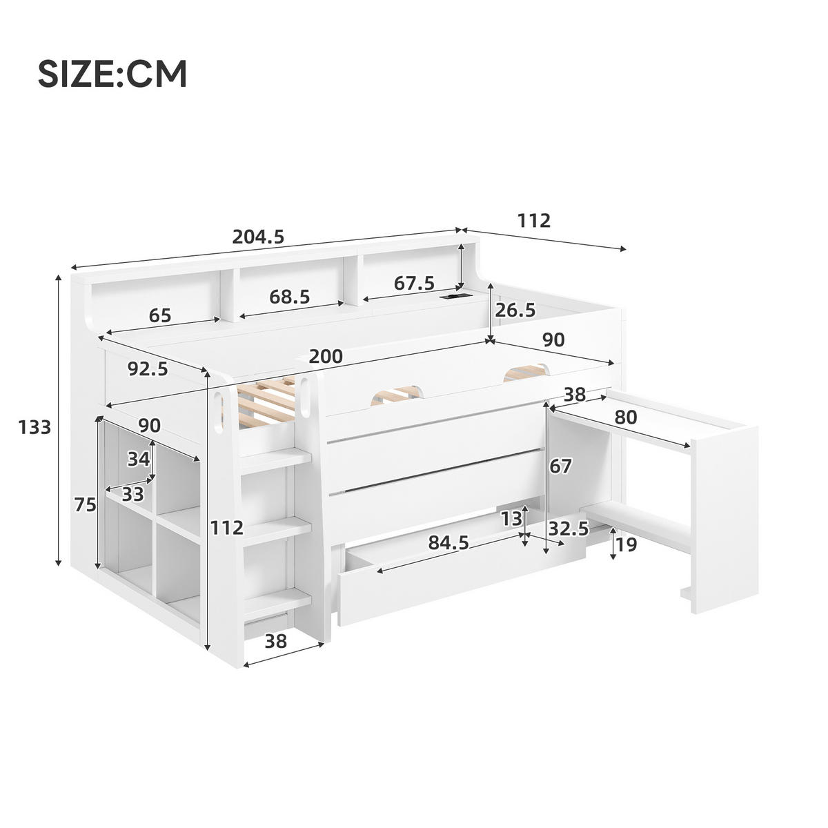 HOCHBETT 90/200 cm in Weiß Kinderbett mit 3 Schubladen, Regal, Schreibtisch, LED und USB - Weiß, Holzwerkstoff (90/200cm) - STILVORA