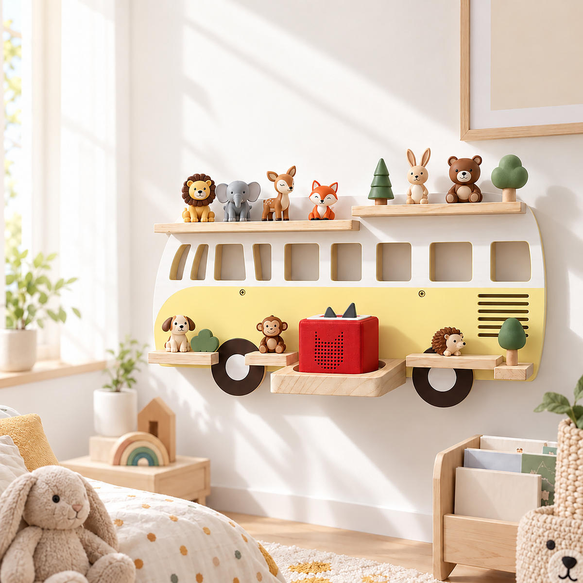 WANDREGAL Gelb Busform für 25 Hörfiguren - Gelb, Holz (62/32/13cm) - Relaxdays