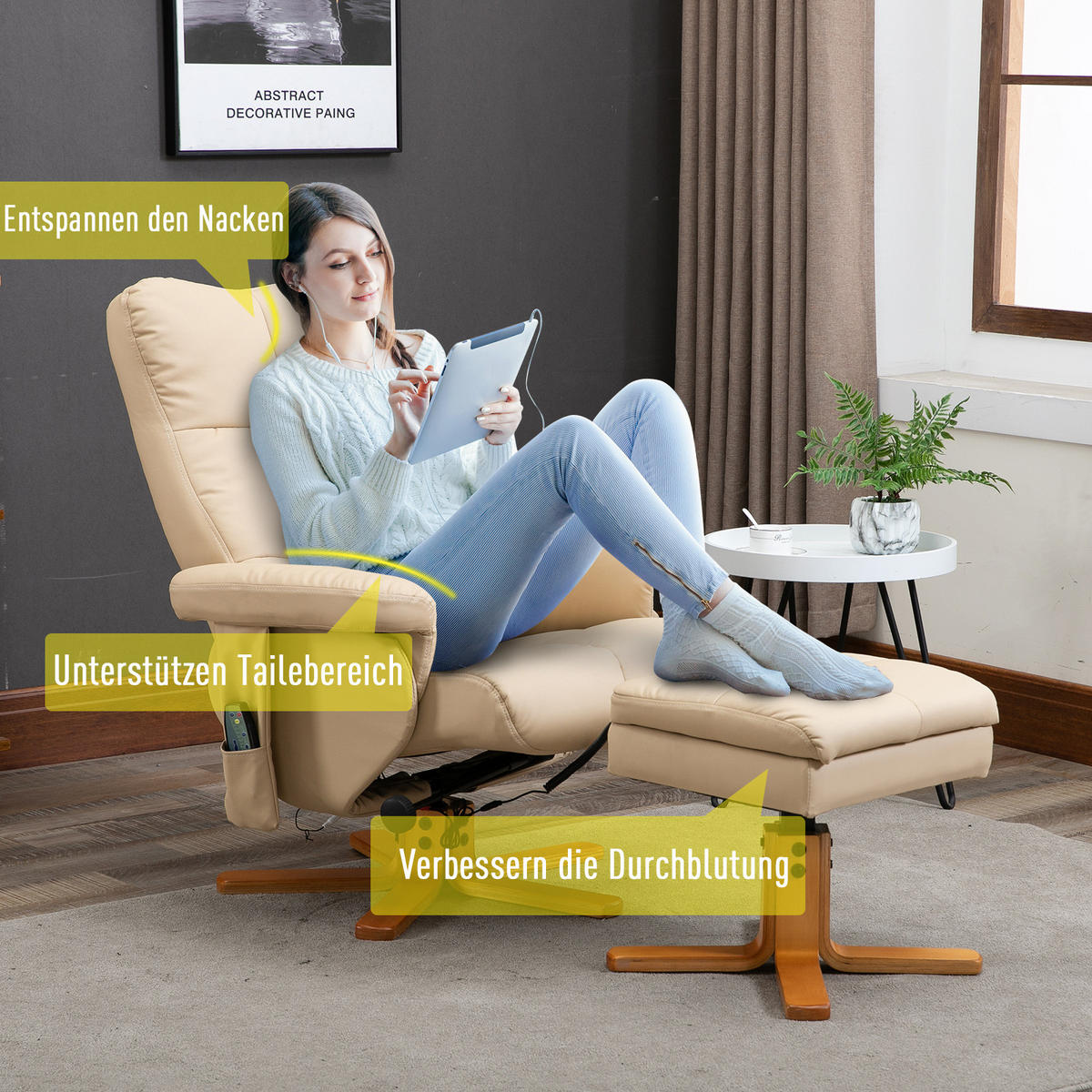 RELAXSESSEL mit Liegefunktion Massagesessel mit Fußhocker Polyester Cremeweiß - Creme, Leder/Holz (86/99/80cm) - HOMCOM