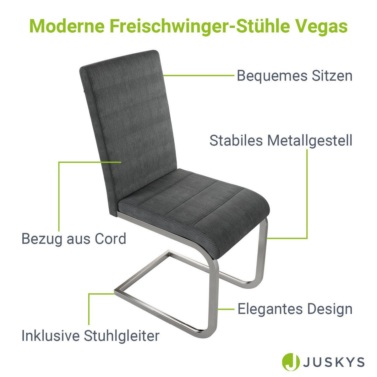 SCHWINGSTUHL Vegas dunkelgrau Cord (4er Set) - Dunkelgrau, Textil (41/101/52cm) - Juskys