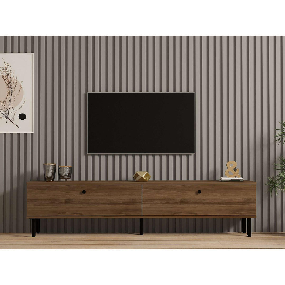 TV-MÖBEL mit 2 Klappen in Nussbaumdekor und schwarzen Metallfüßen 160/25/37 cm - Nussbaumfarben, Holzwerkstoff (25/37/43cm) - Calicosy