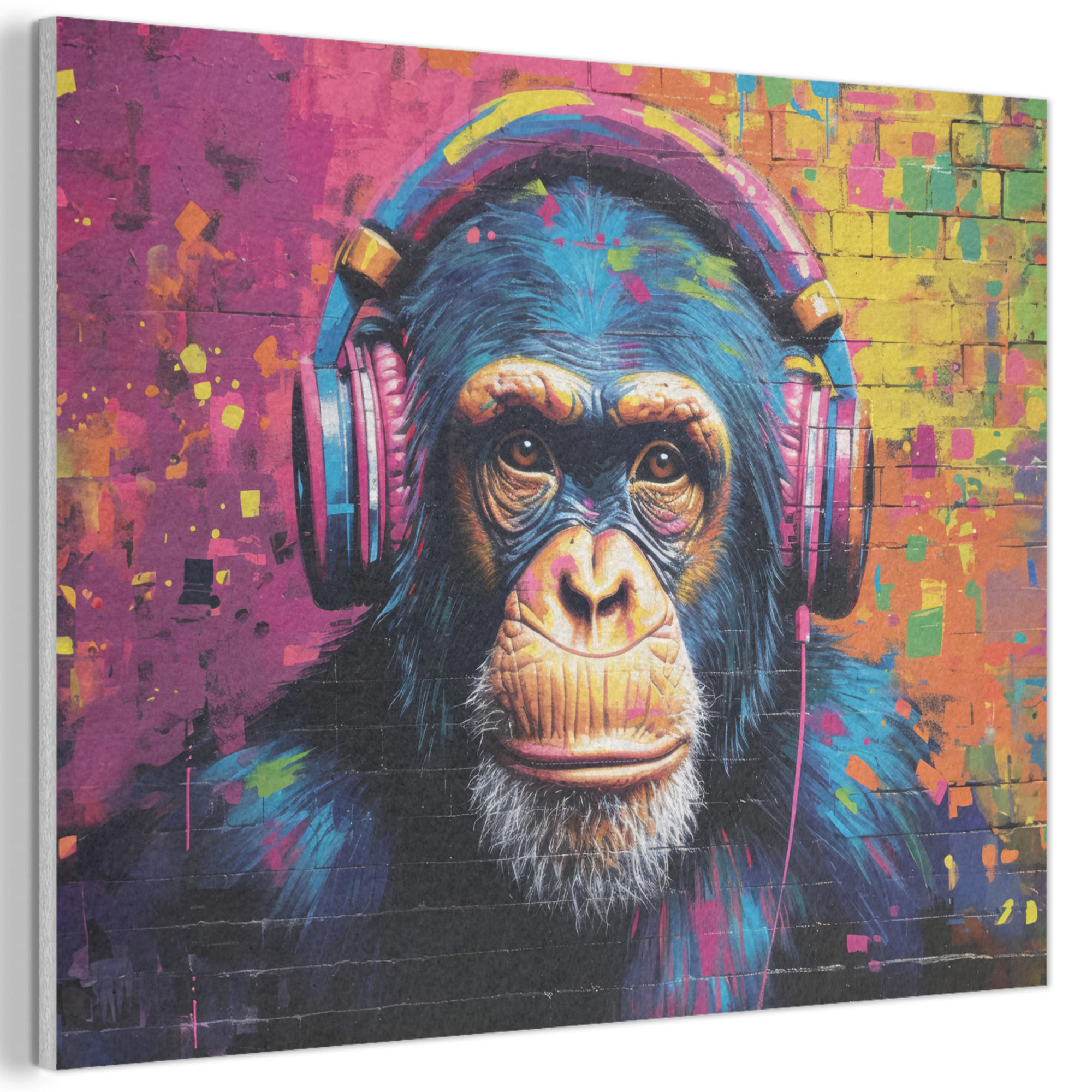 MuchoWow AKUSTICKÝ obraz Graffiti - Šimpanz - Street art - Sluchátka - Opice 80x60 cm