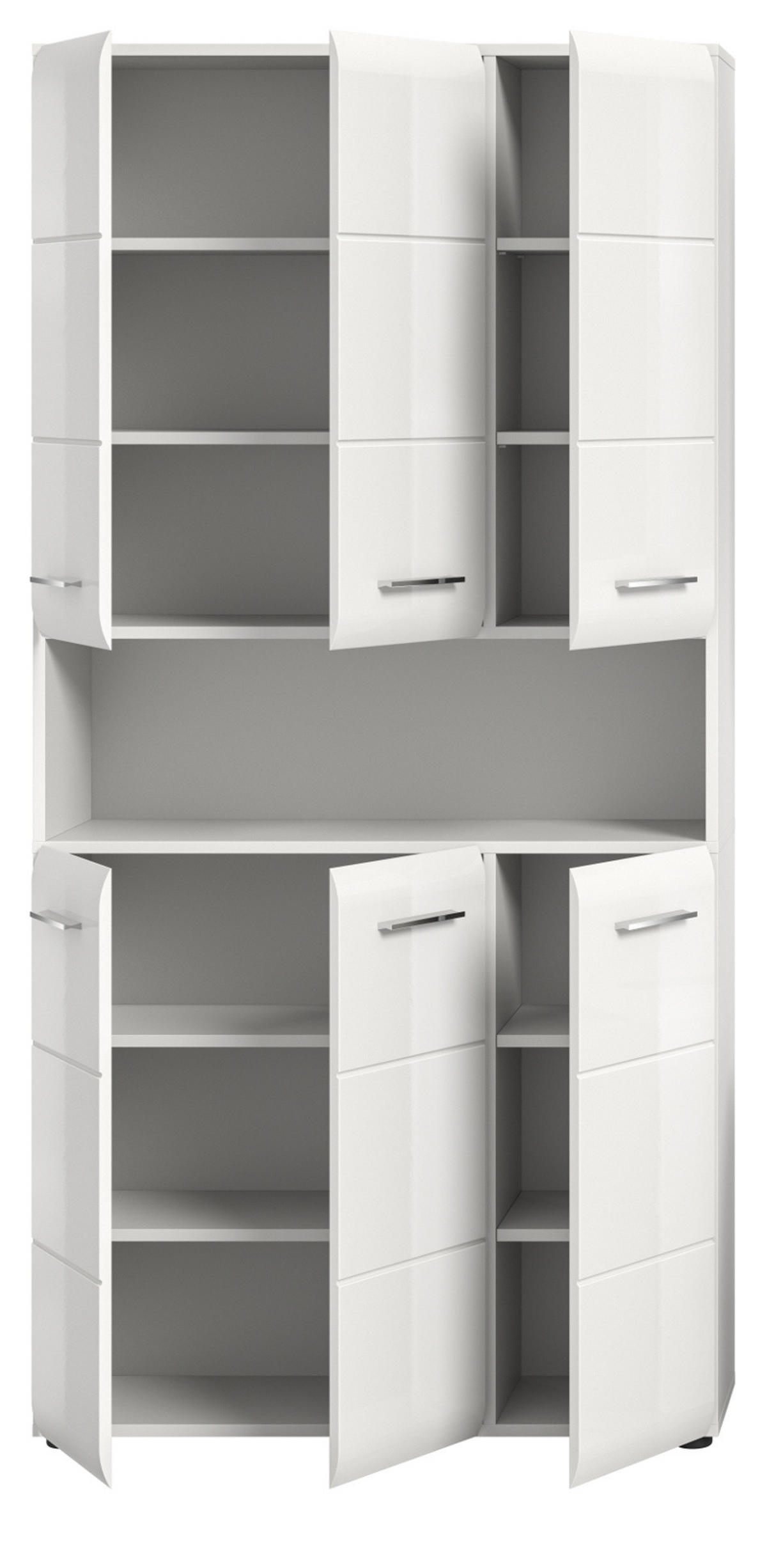 HOCHSCHRANK weiß Hochglanz, Mehrzweckschrank 90 cm mit 13 Fächern - Weiß Hochglanz/Silberfarben, Holzwerkstoff/Kunststoff (90/185/30cm) - Inn.Furn