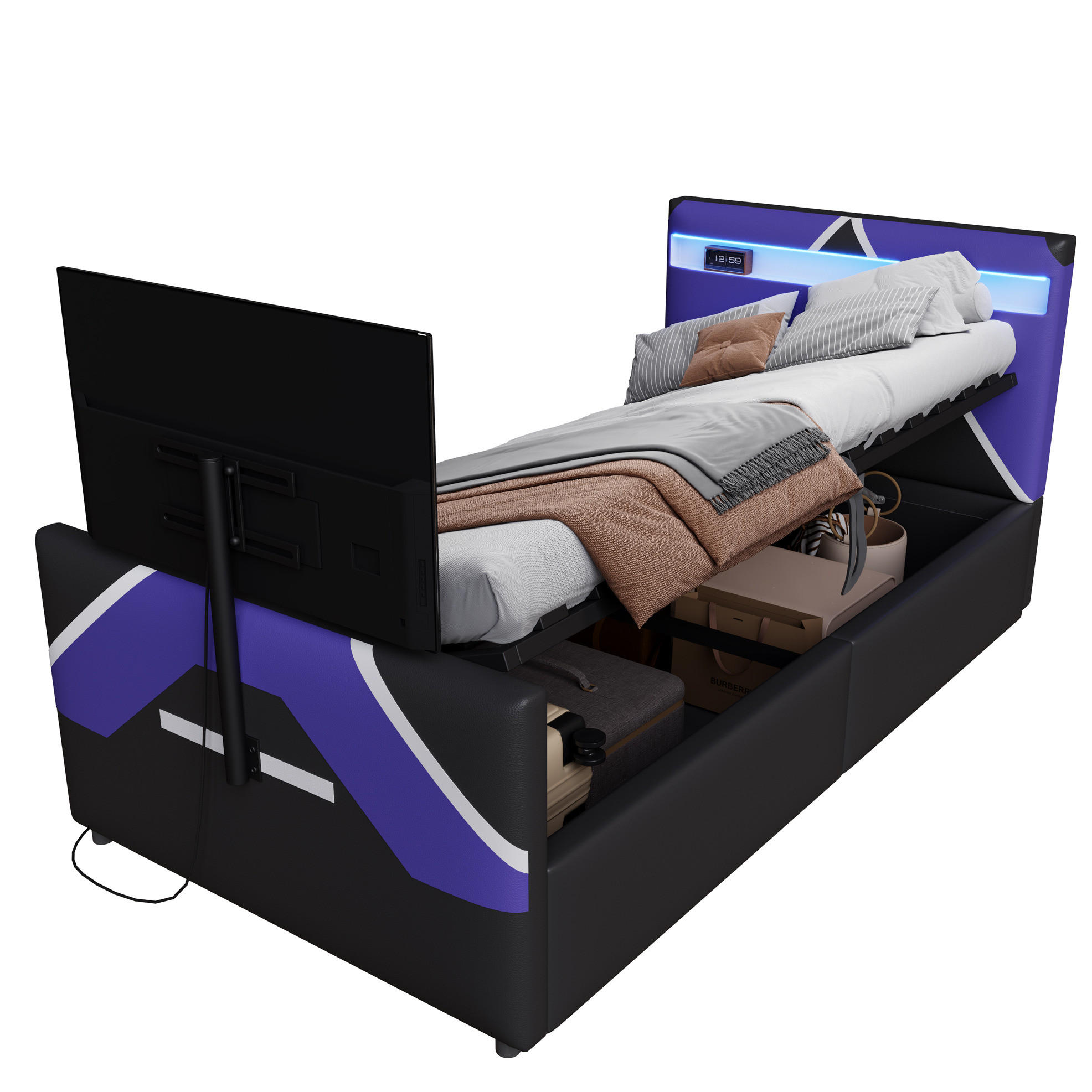 POLSTERBETT mit LED-Beleuchtung 90/200 cm mit Bettkasten und TV-Halterung - Schwarz, Kunststoff (90/200cm) - BEAOK